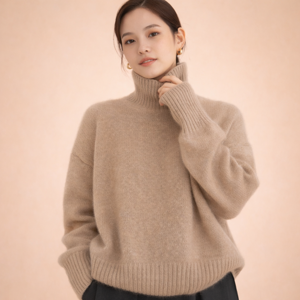 Women's Cashmere Turtleneck Sweater, Lightweight Fine Knit - Celeste