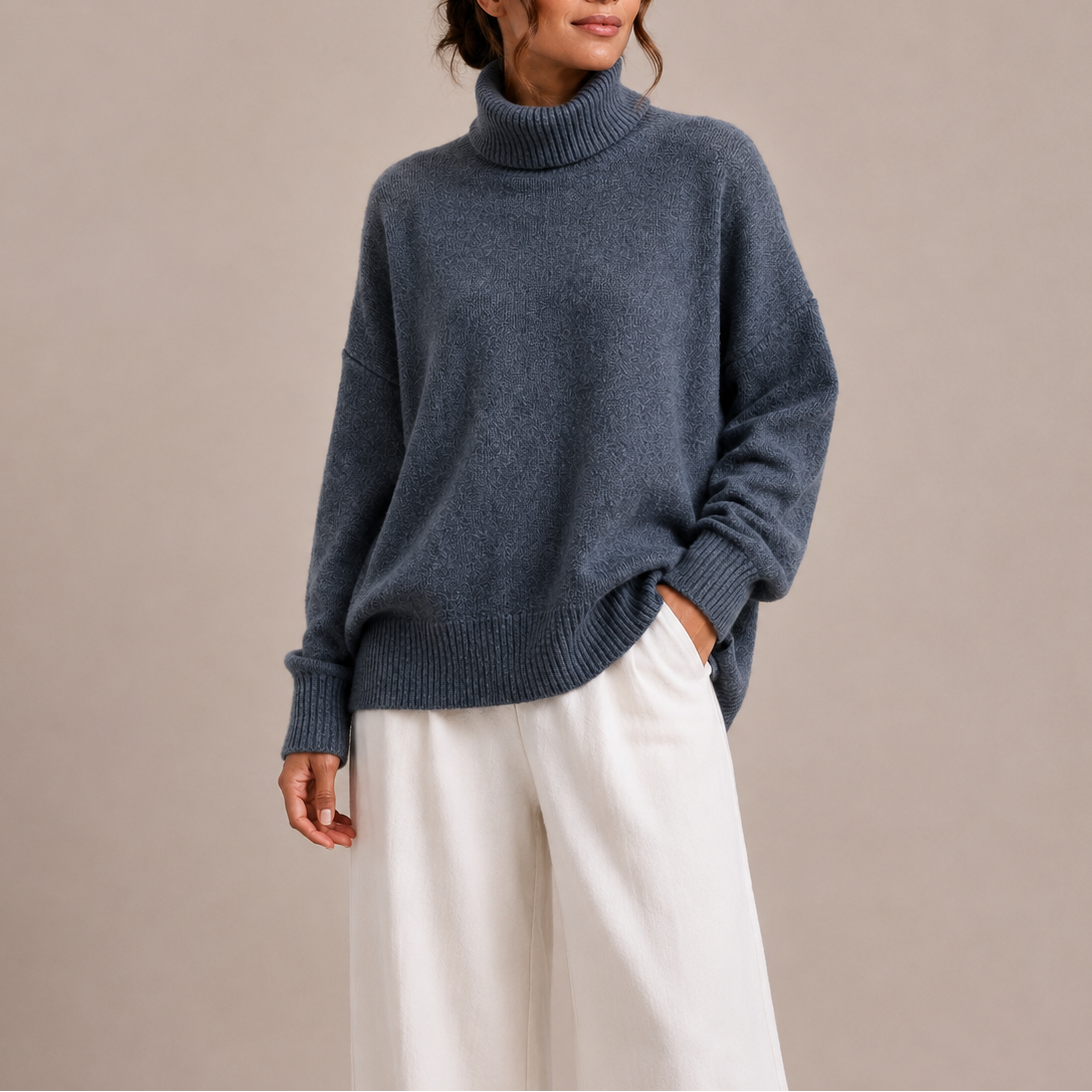 Women's Oversized Turtleneck Sweater, Drop Shoulder and Ribbed Trim