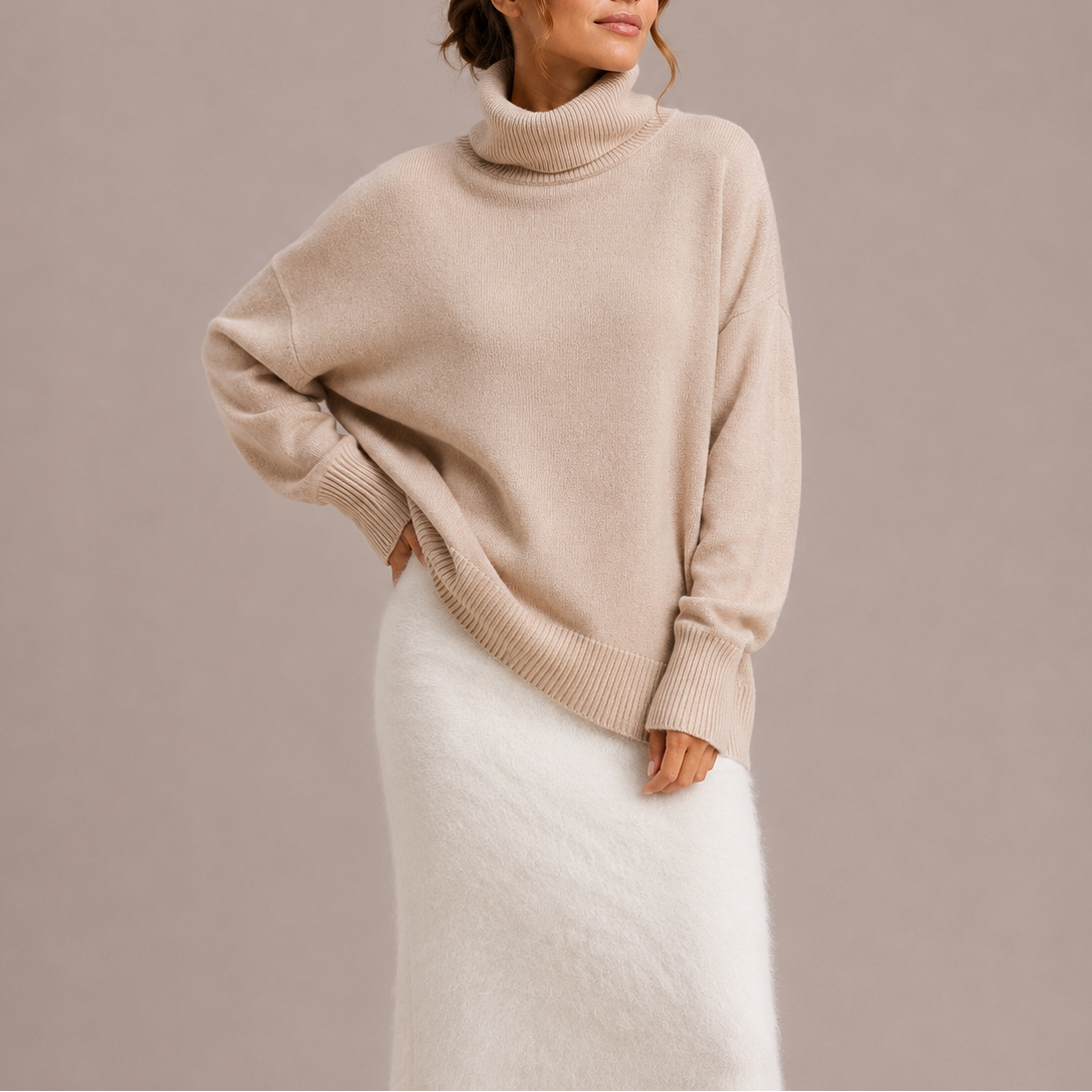 Women's Oversized Turtleneck Sweater, Drop Shoulder and Ribbed Trim