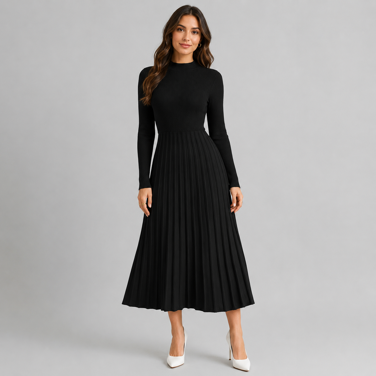 Women's High Neck Knit Midi Dress, Long Sleeves - Montarello
