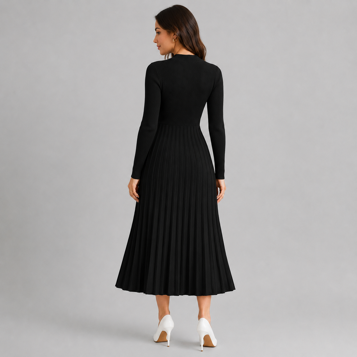 Women's High Neck Knit Midi Dress, Long Sleeves - Montarello