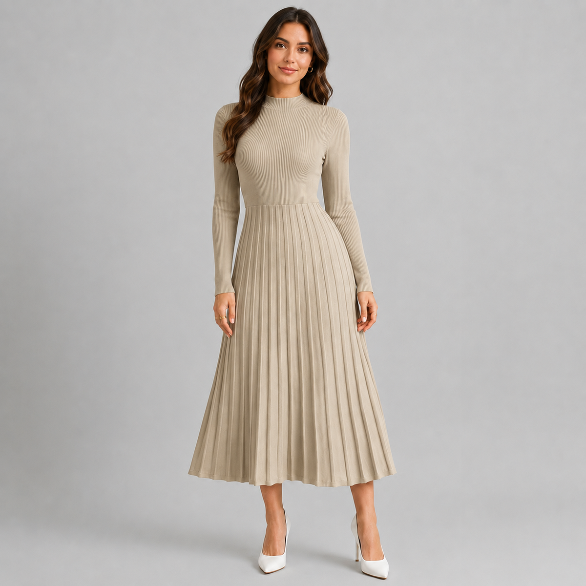 Women's High Neck Knit Midi Dress, Long Sleeves - Montarello