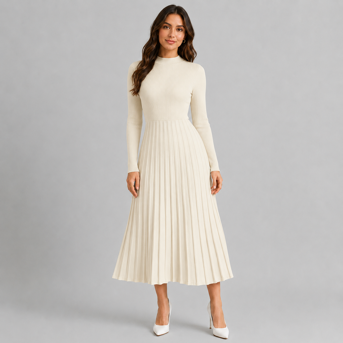 Women's High Neck Knit Midi Dress, Long Sleeves - Montarello