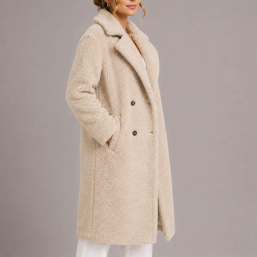 Women's Long Teddy Coat – Double-Breasted Faux Fur