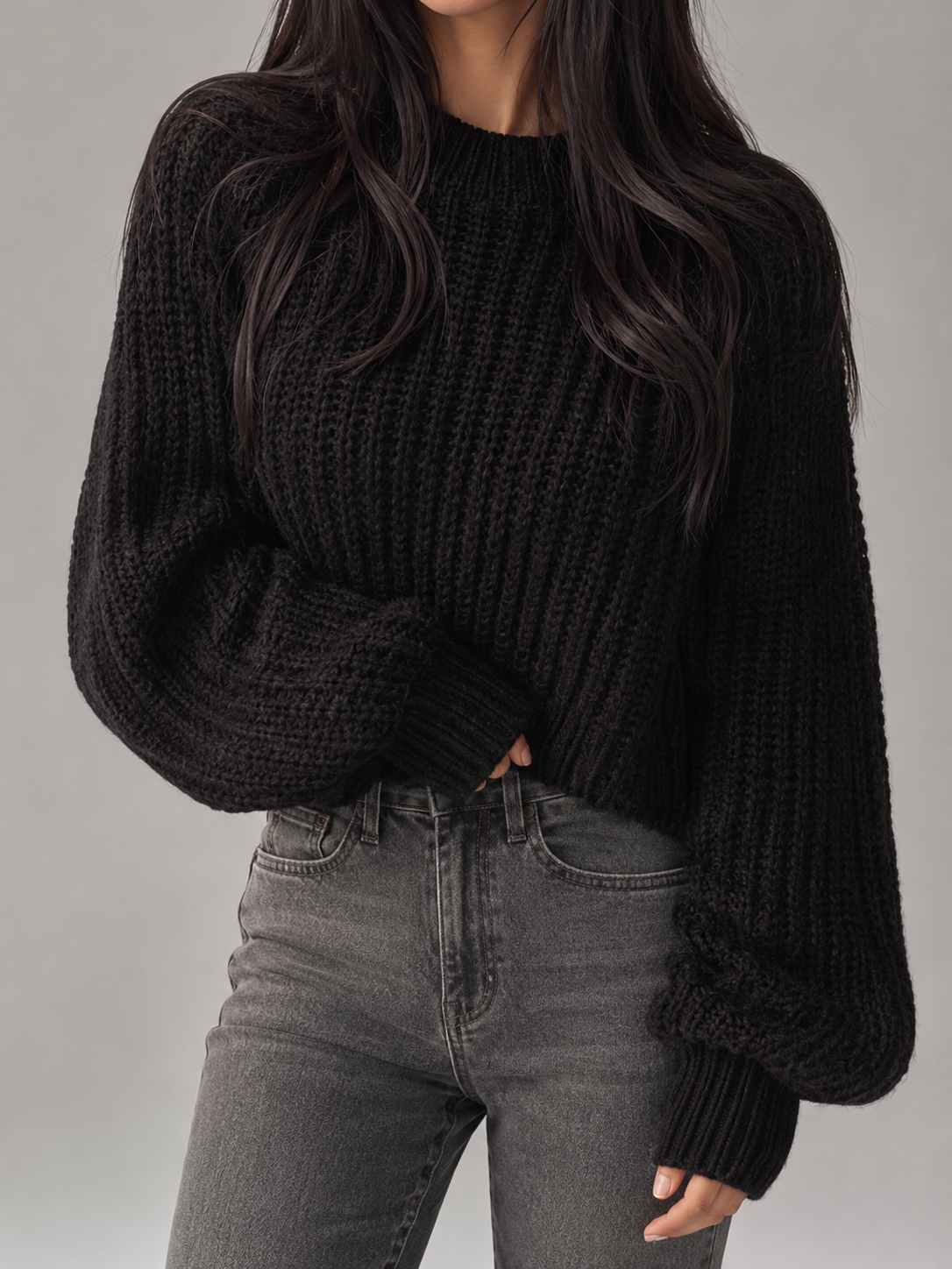 Black oversized chunky knit crew neck sweater