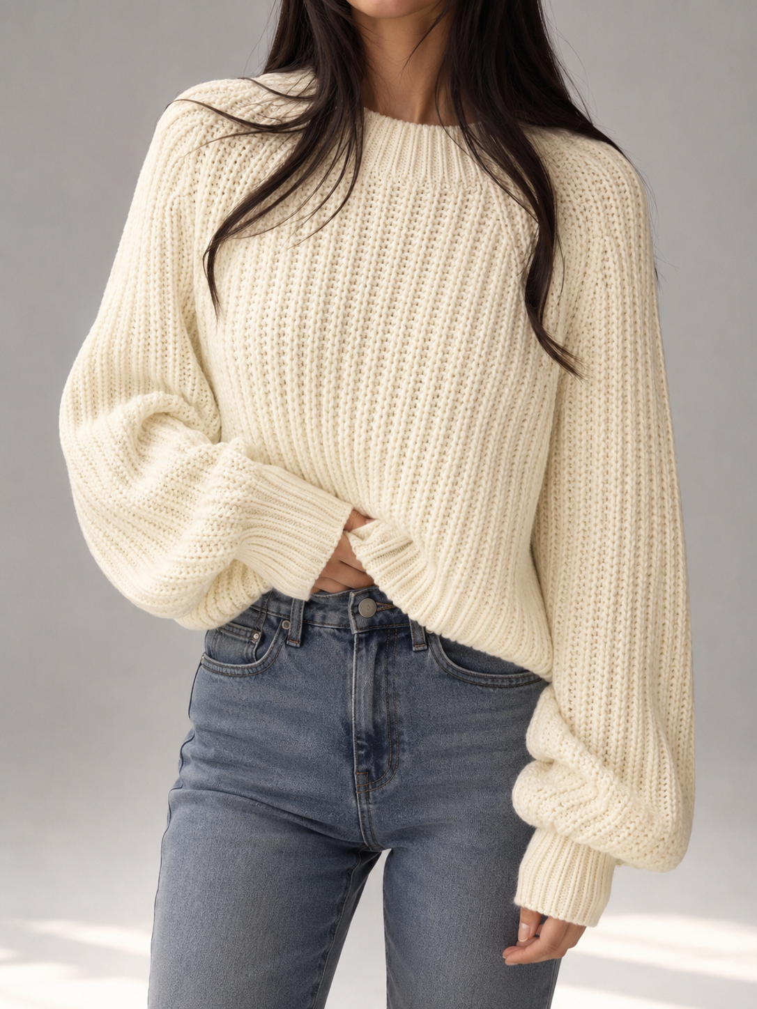 Women's Oversized Sweater, Chunky Knit with Crew Neck