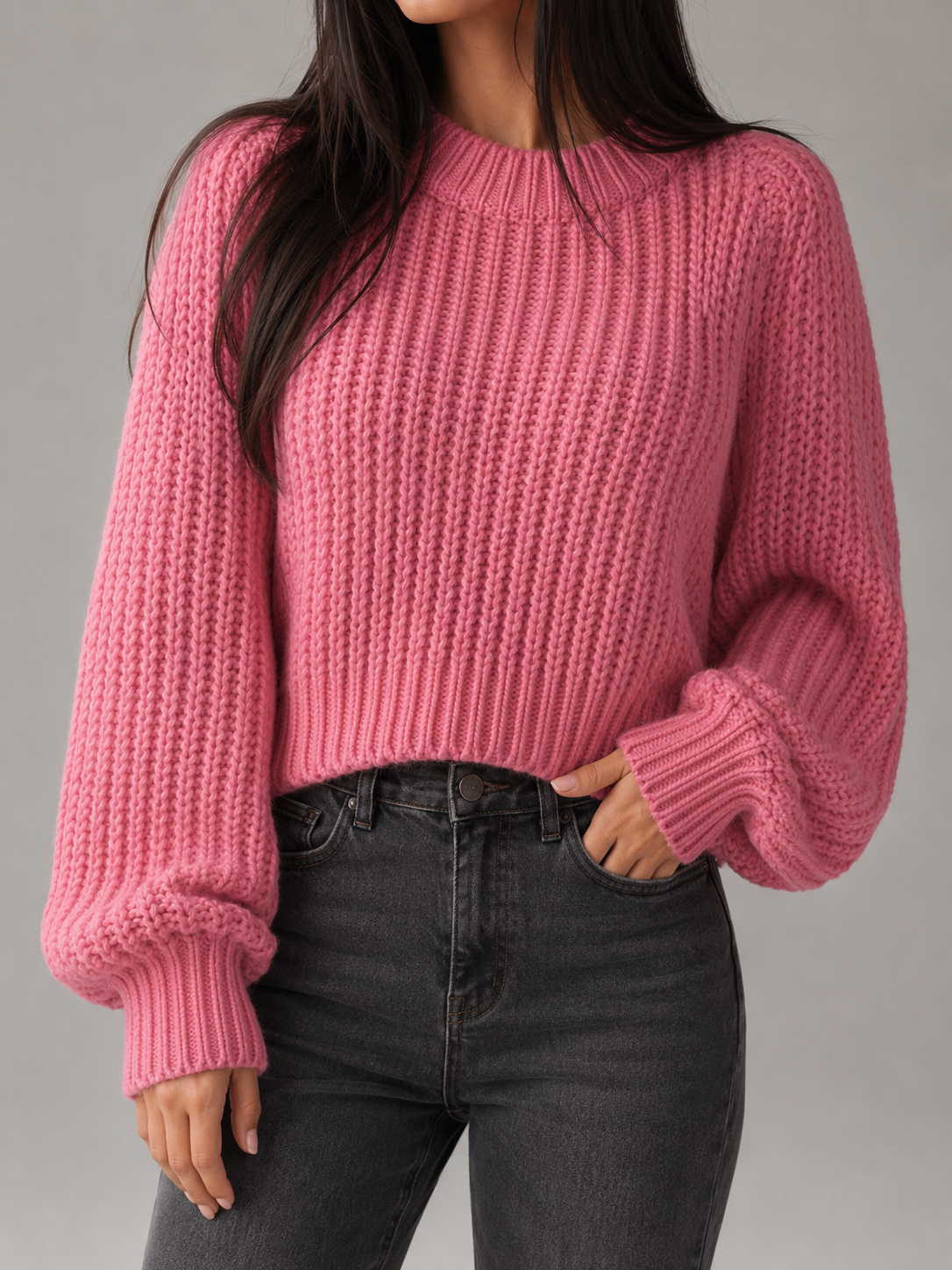 Women's Oversized Sweater, Chunky Knit with Crew Neck