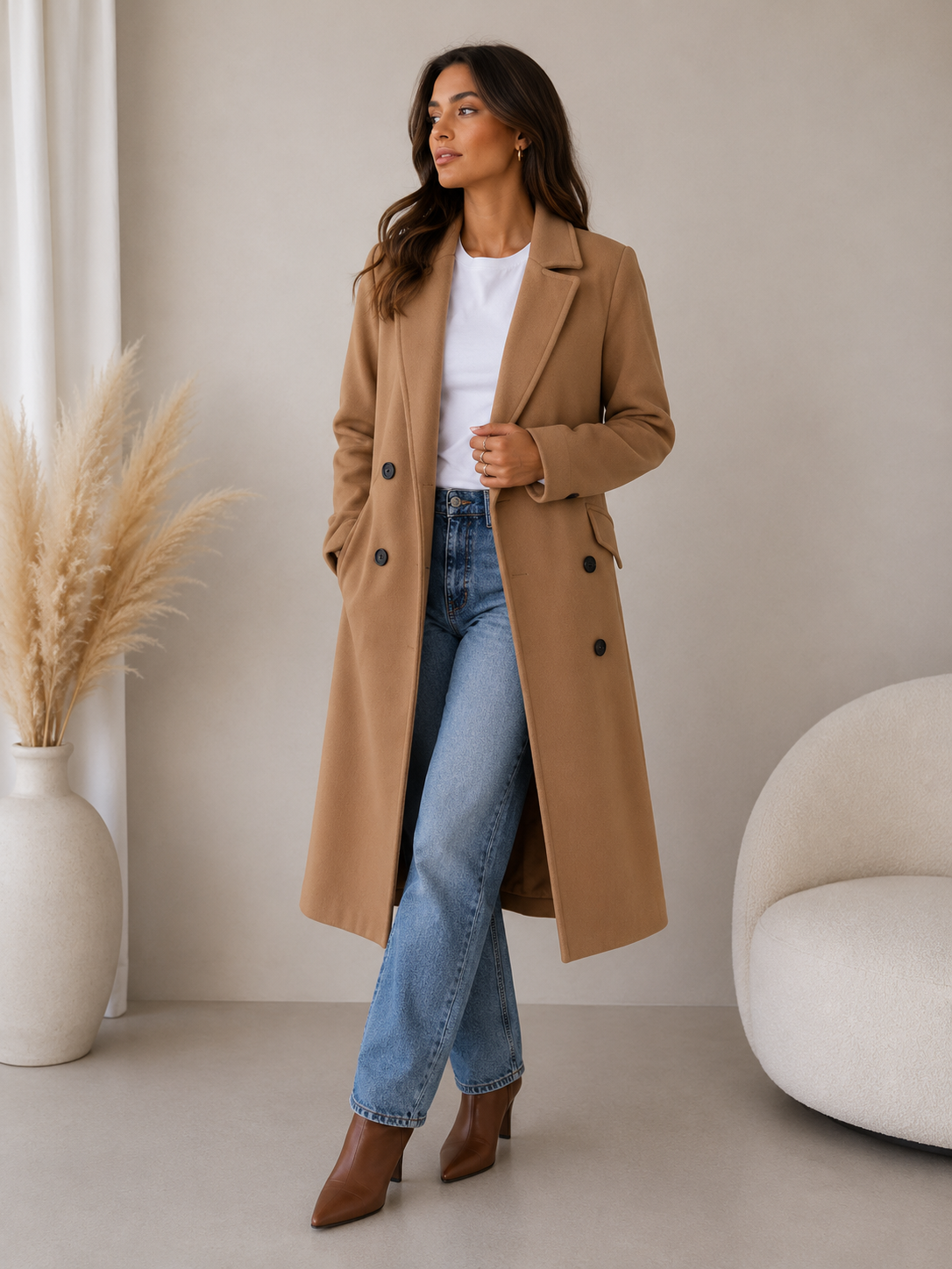 Women's Double-Breasted Long Coat, Belted with Notched Lapels
