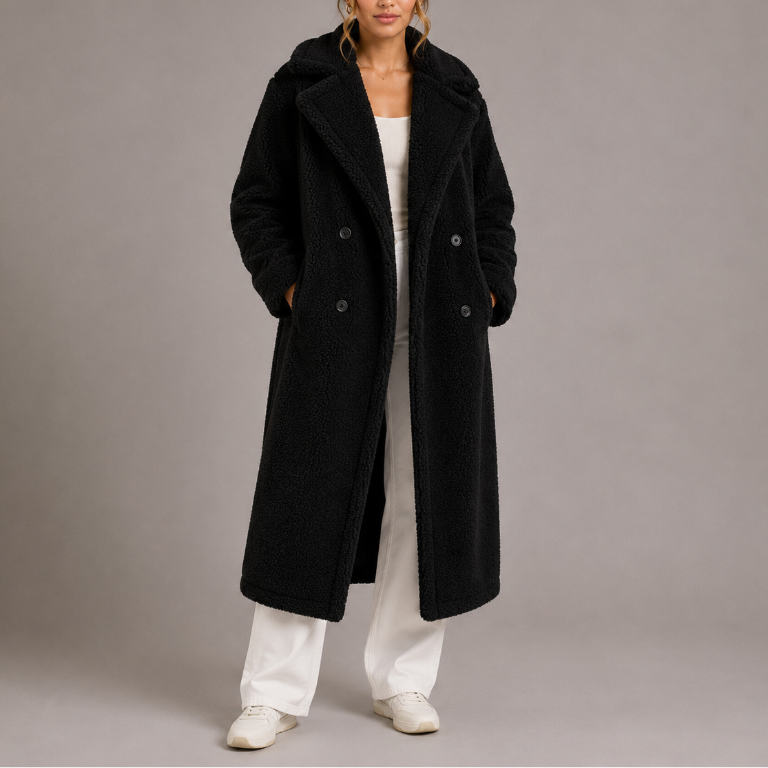 Women's Long Teddy Coat – Double-Breasted Faux Fur