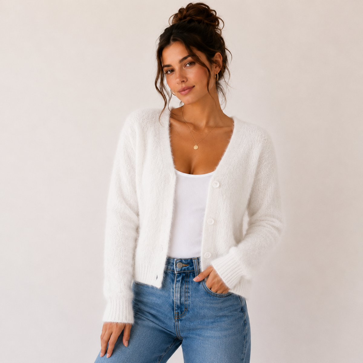 Women's Fuzzy Cardigan, V-Neck Button Front with Ribbed Trim