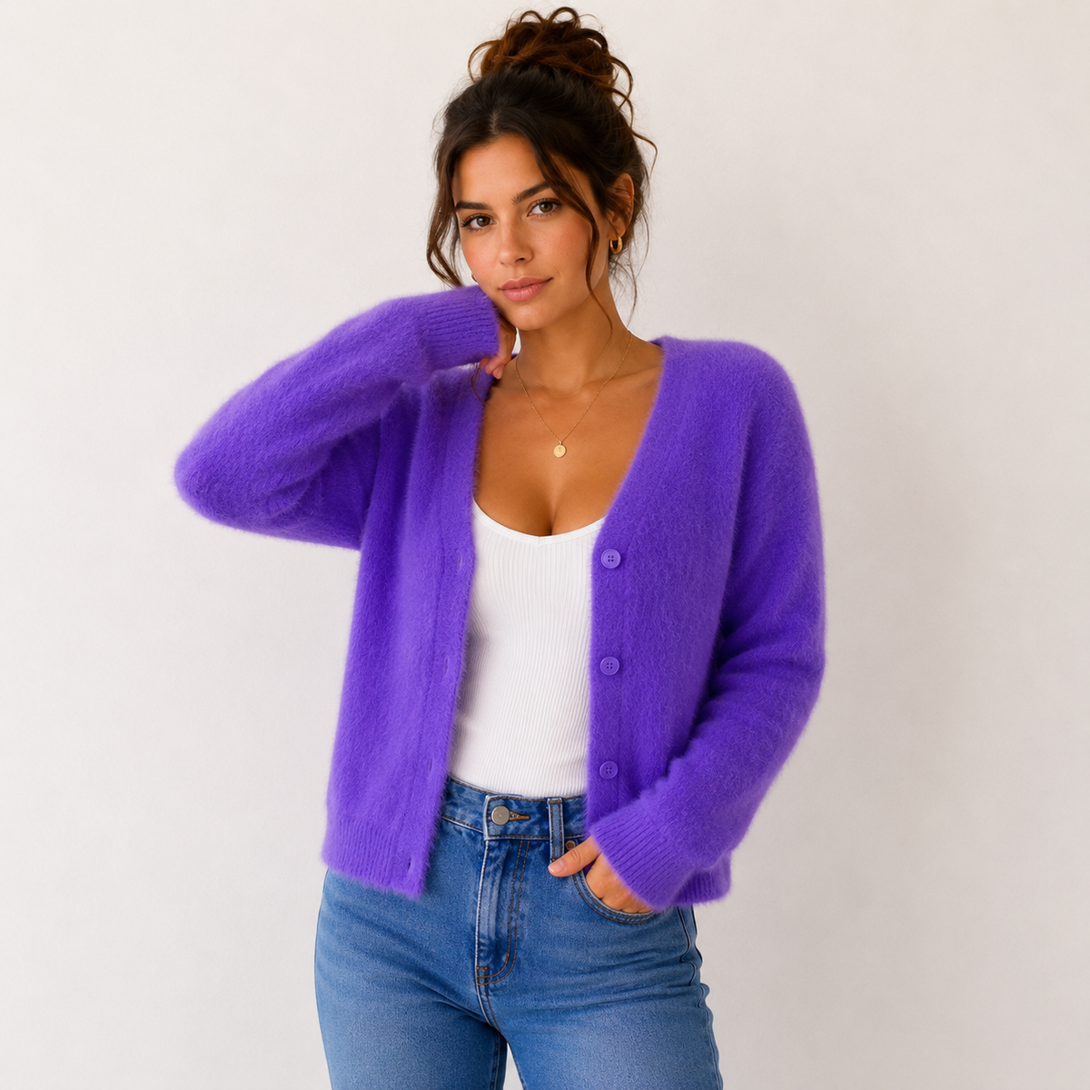 Women's Fuzzy Cardigan, V-Neck Button Front with Ribbed Trim