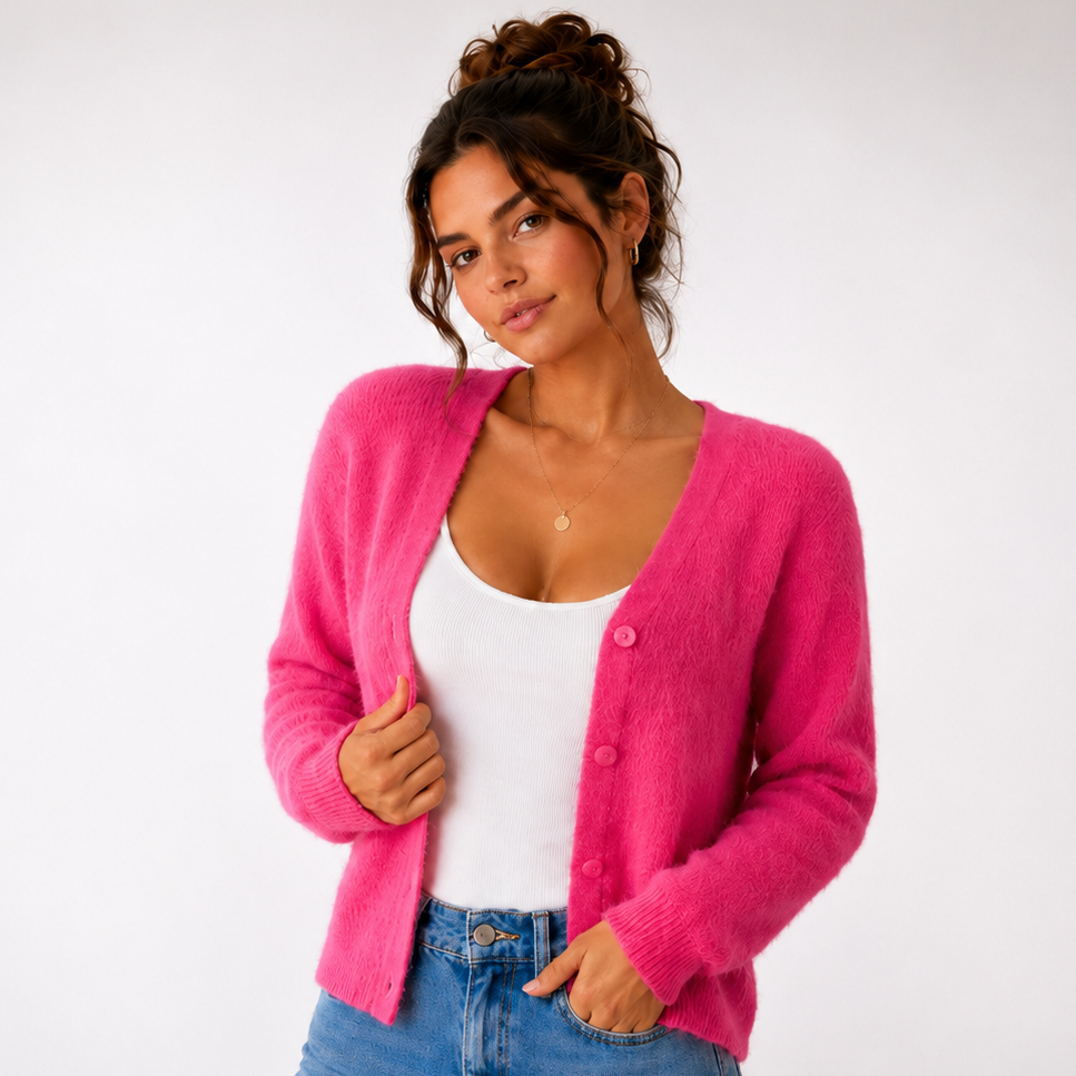 Women's Fuzzy Cardigan, V-Neck Button Front with Ribbed Trim