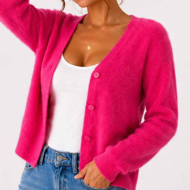 Women's Fuzzy Cardigan, V-Neck Button Front with Ribbed Trim