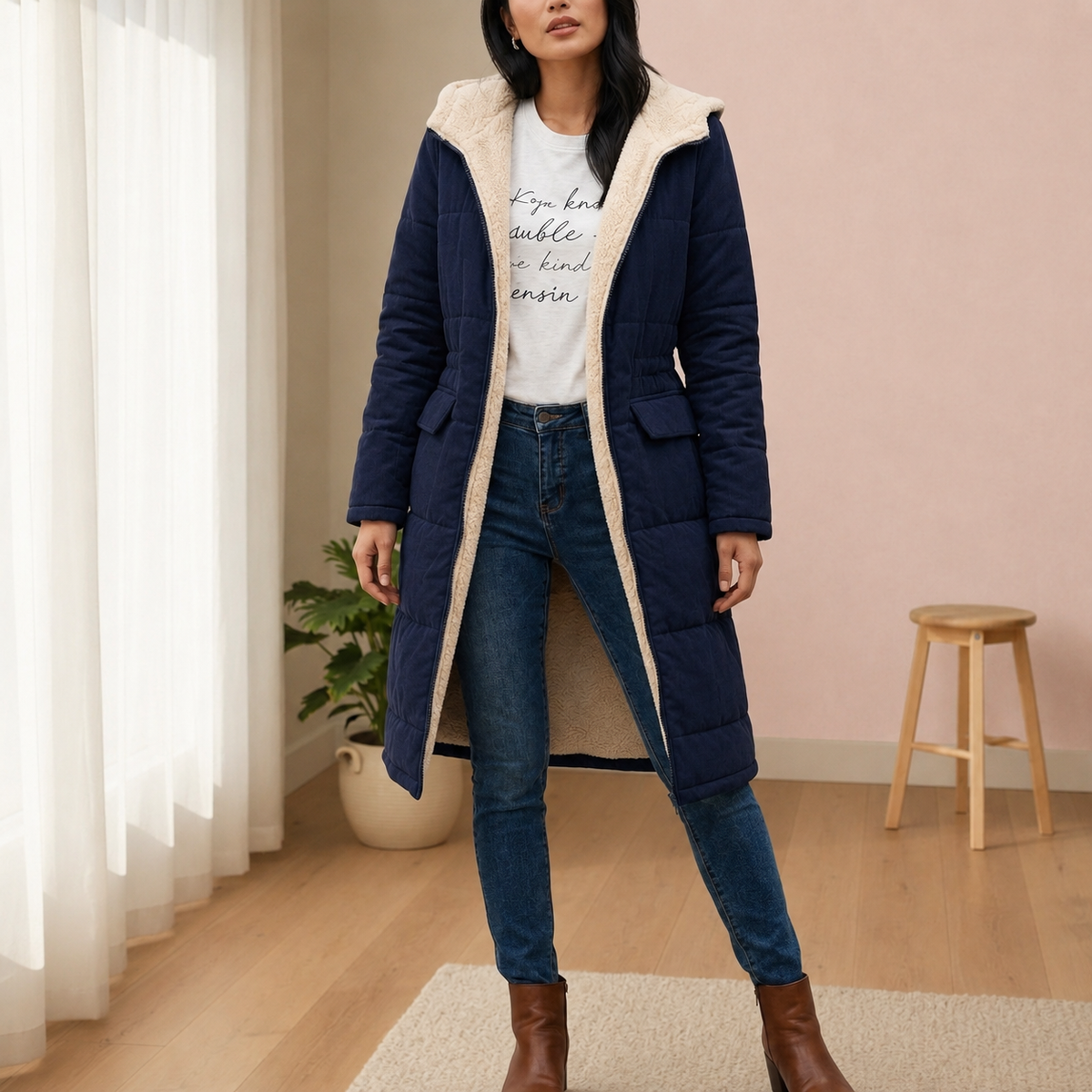 Women's Long Puffer Coat – Quilted Sherpa Hood