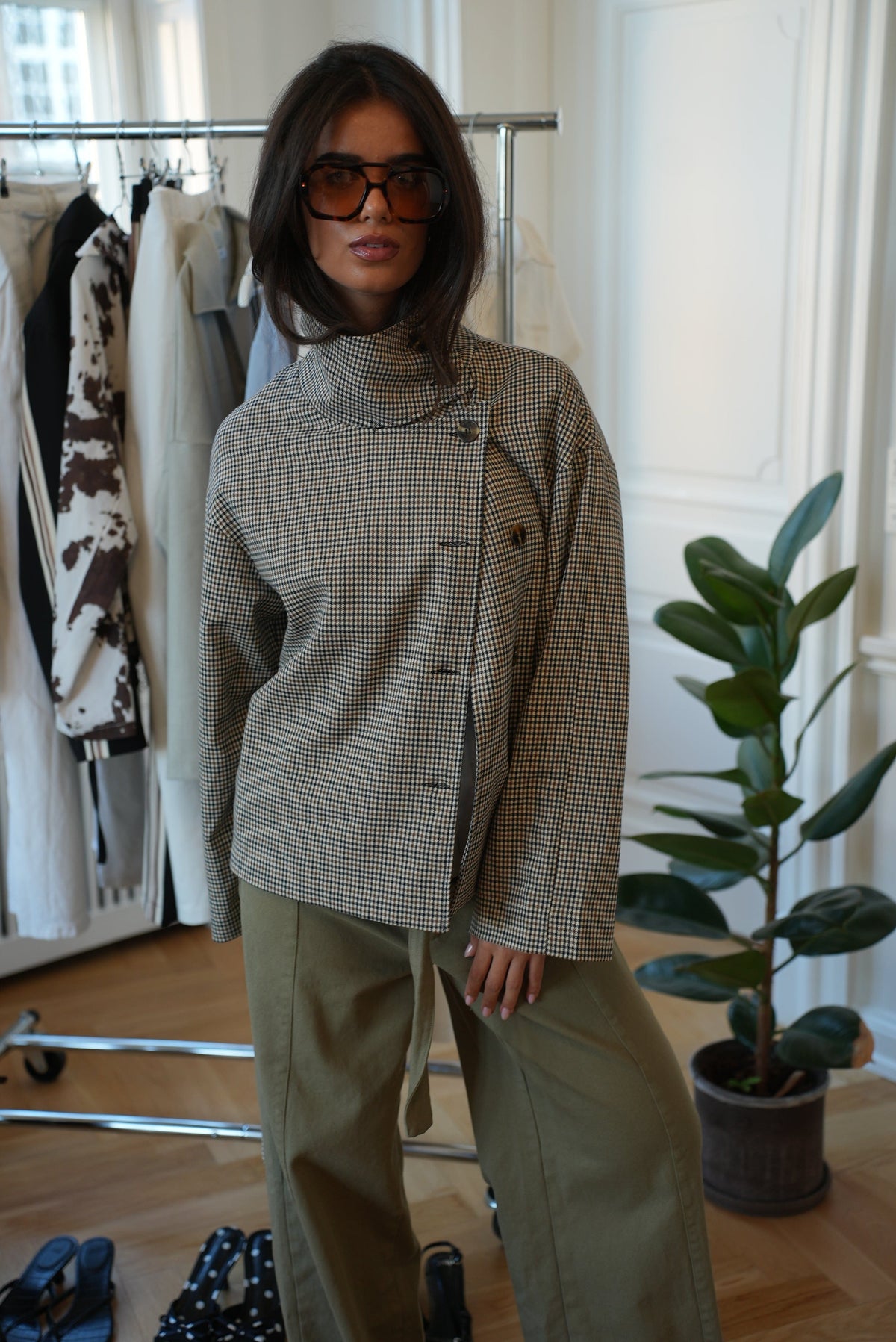 Women's Checked Funnel Neck Jacket, Button Front and Belt - Alessia