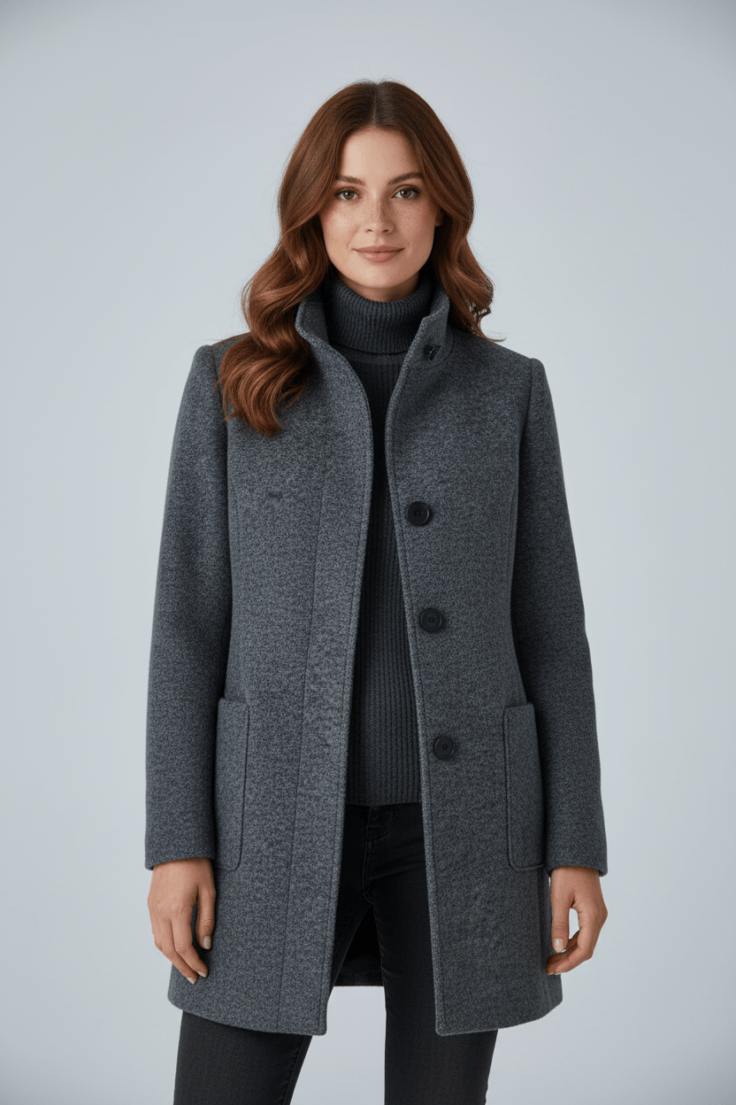 Gray button-front coat with stand collar and patch pockets