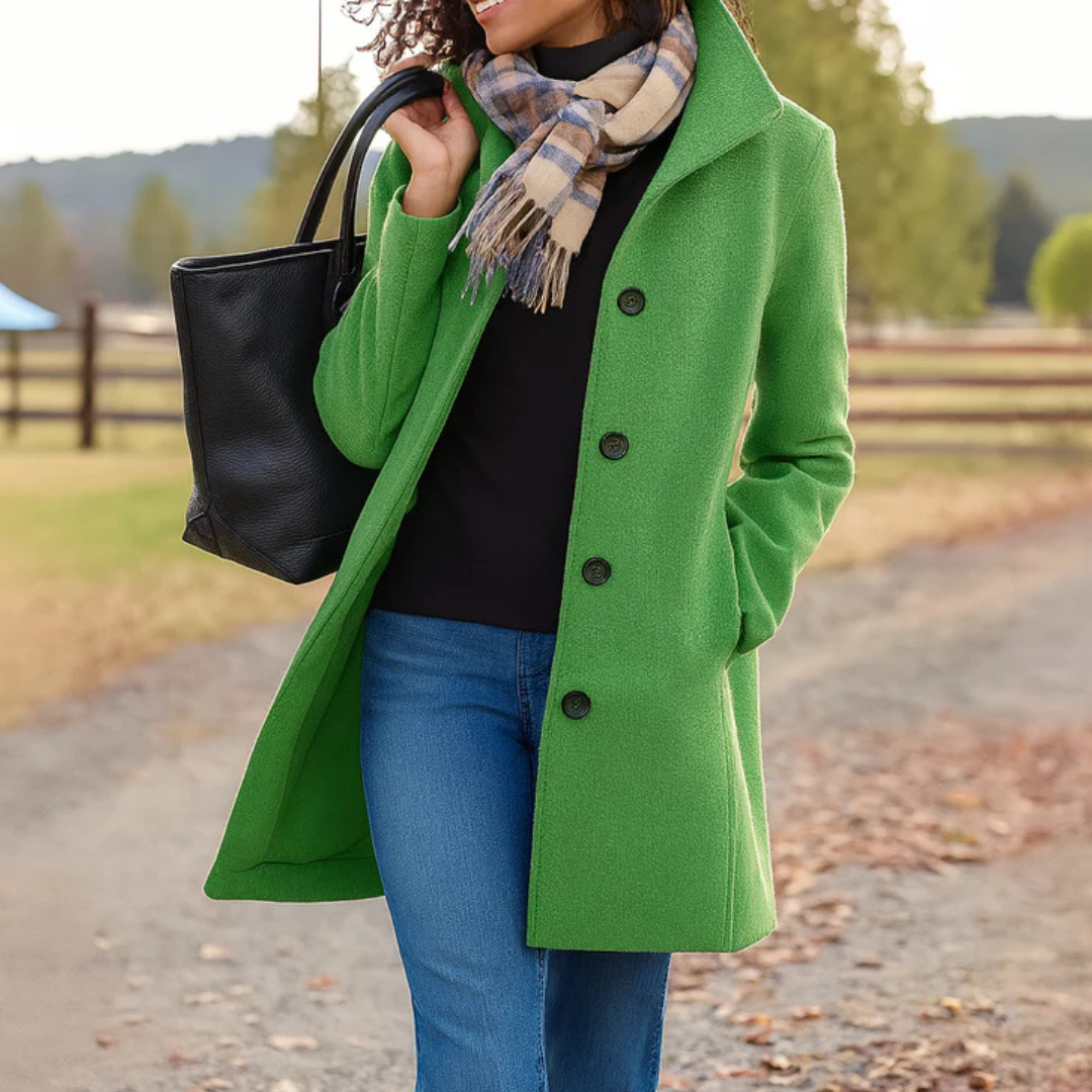 Women's High-Collar Coat, Button Front and Fitted Mid-Length Cut