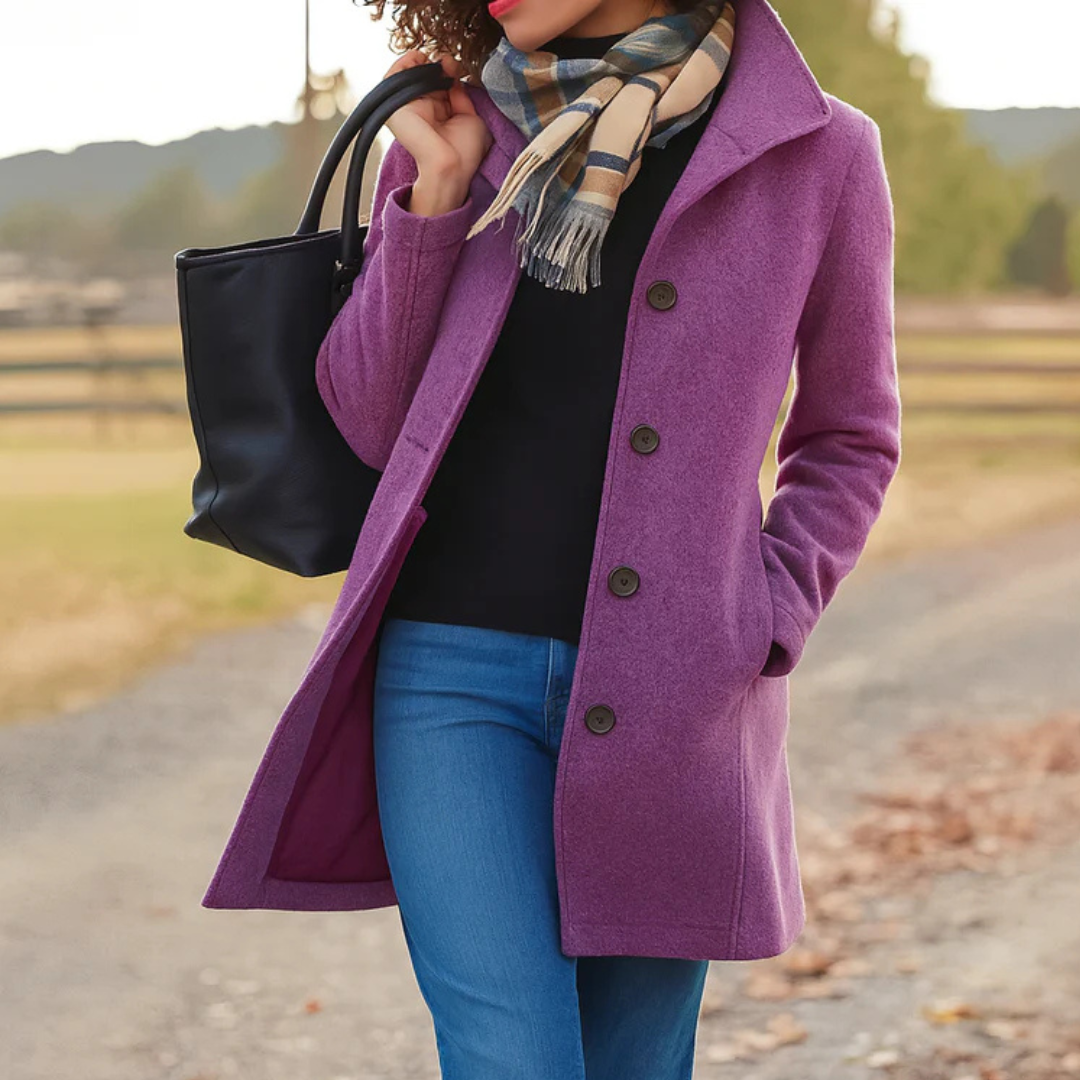Women's High-Collar Coat, Button Front and Fitted Mid-Length Cut