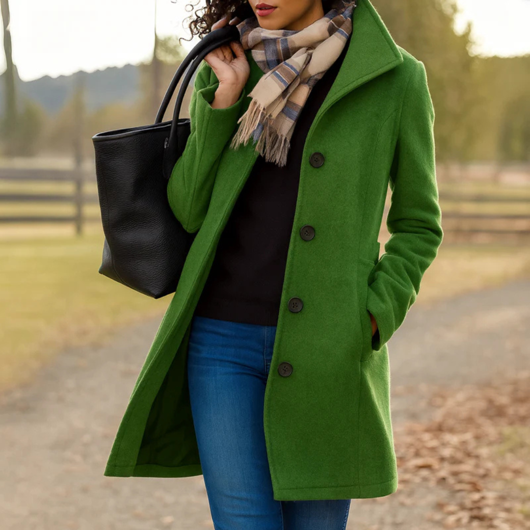 Women's High-Collar Coat, Button Front and Fitted Mid-Length Cut