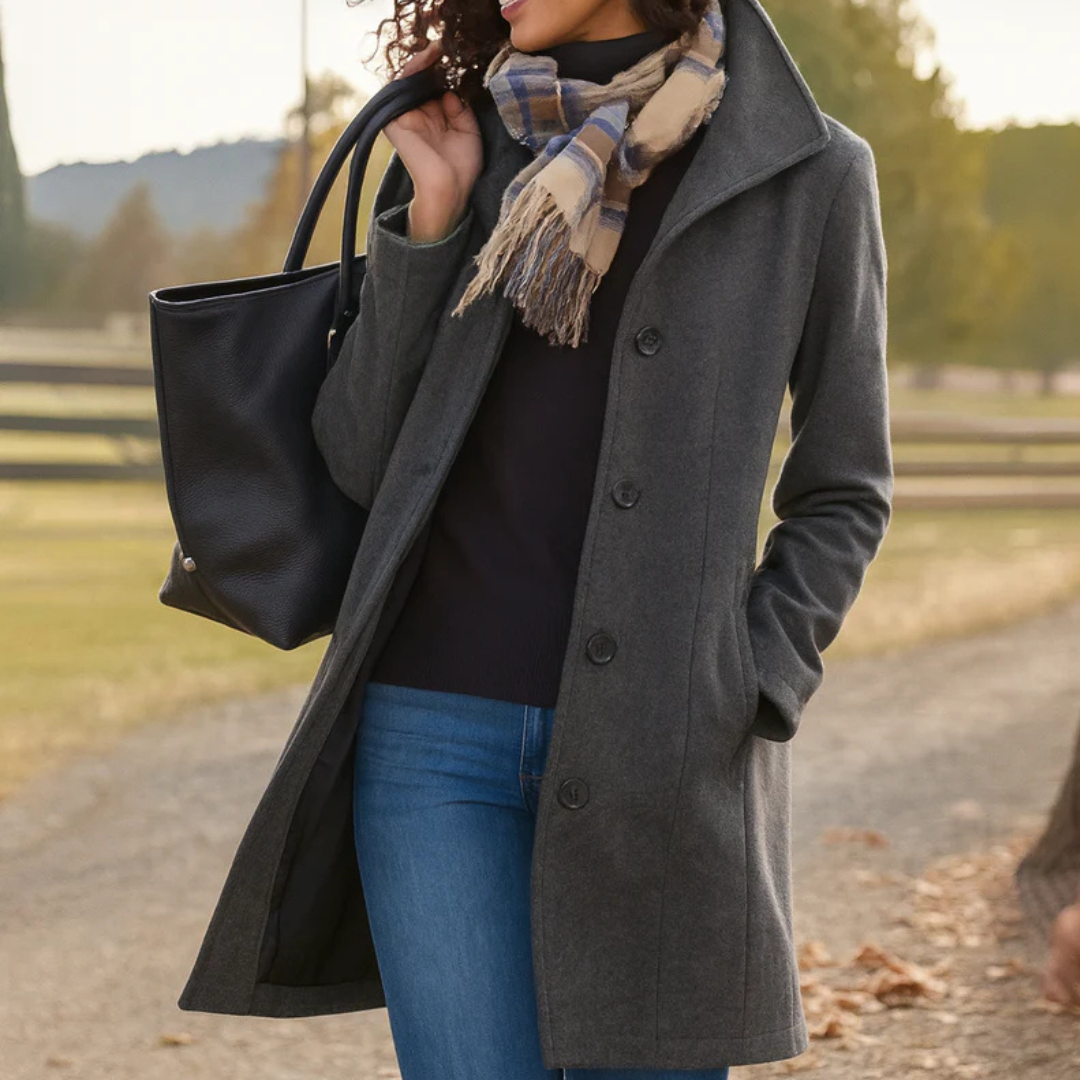 Women's High-Collar Coat, Button Front and Fitted Mid-Length Cut
