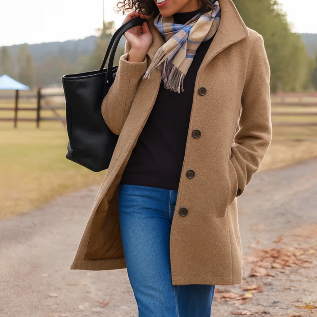 Women's High-Collar Coat, Button Front and Fitted Mid-Length Cut
