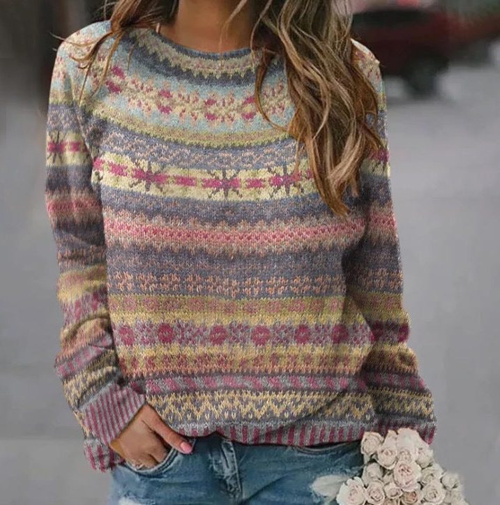 Women's Oversized Fair Isle Sweater, Multicolor Crew Neck Knit