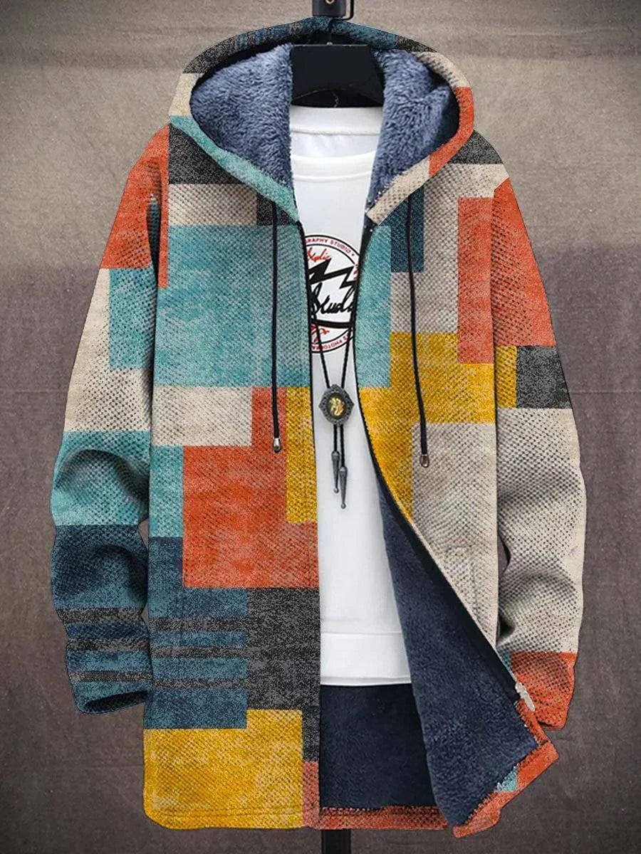 Fleece-Lined Hooded Zip Jacket, Geometric Color Block Print