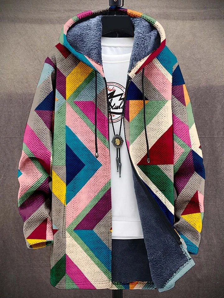 Fleece-Lined Hooded Zip Jacket, Geometric Color Block Print