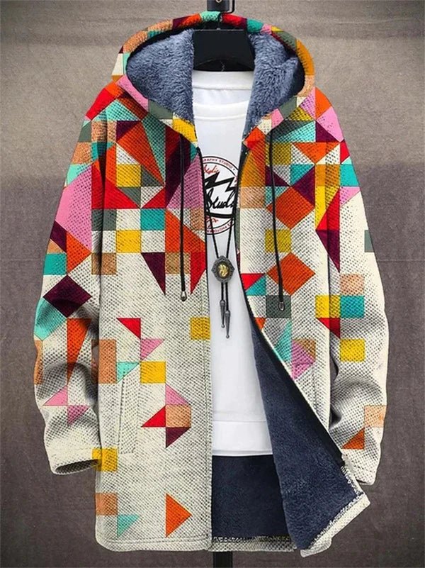 Fleece-Lined Hooded Zip Jacket, Geometric Color Block Print
