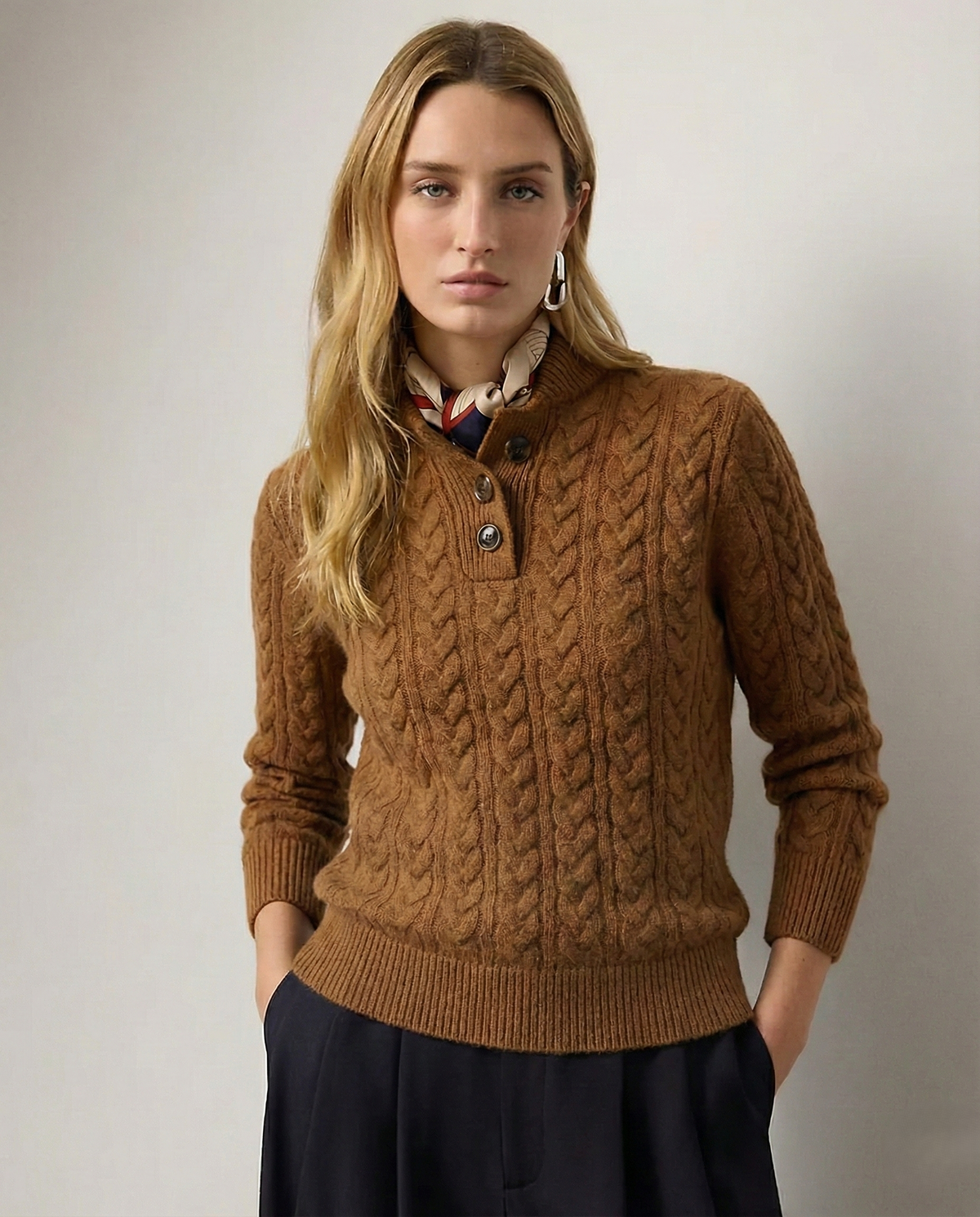 Wool Cashmere Blend Cable Knit Sweater, Button Collar - Arden