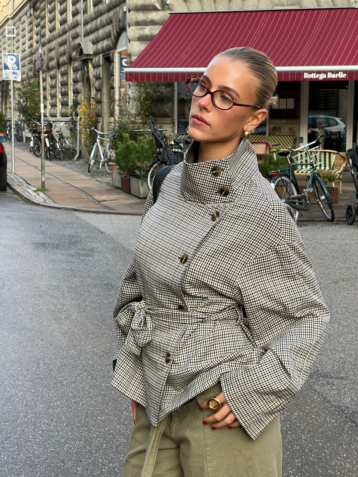 Women's Checked Funnel Neck Jacket, Button Front and Belt - Alessia