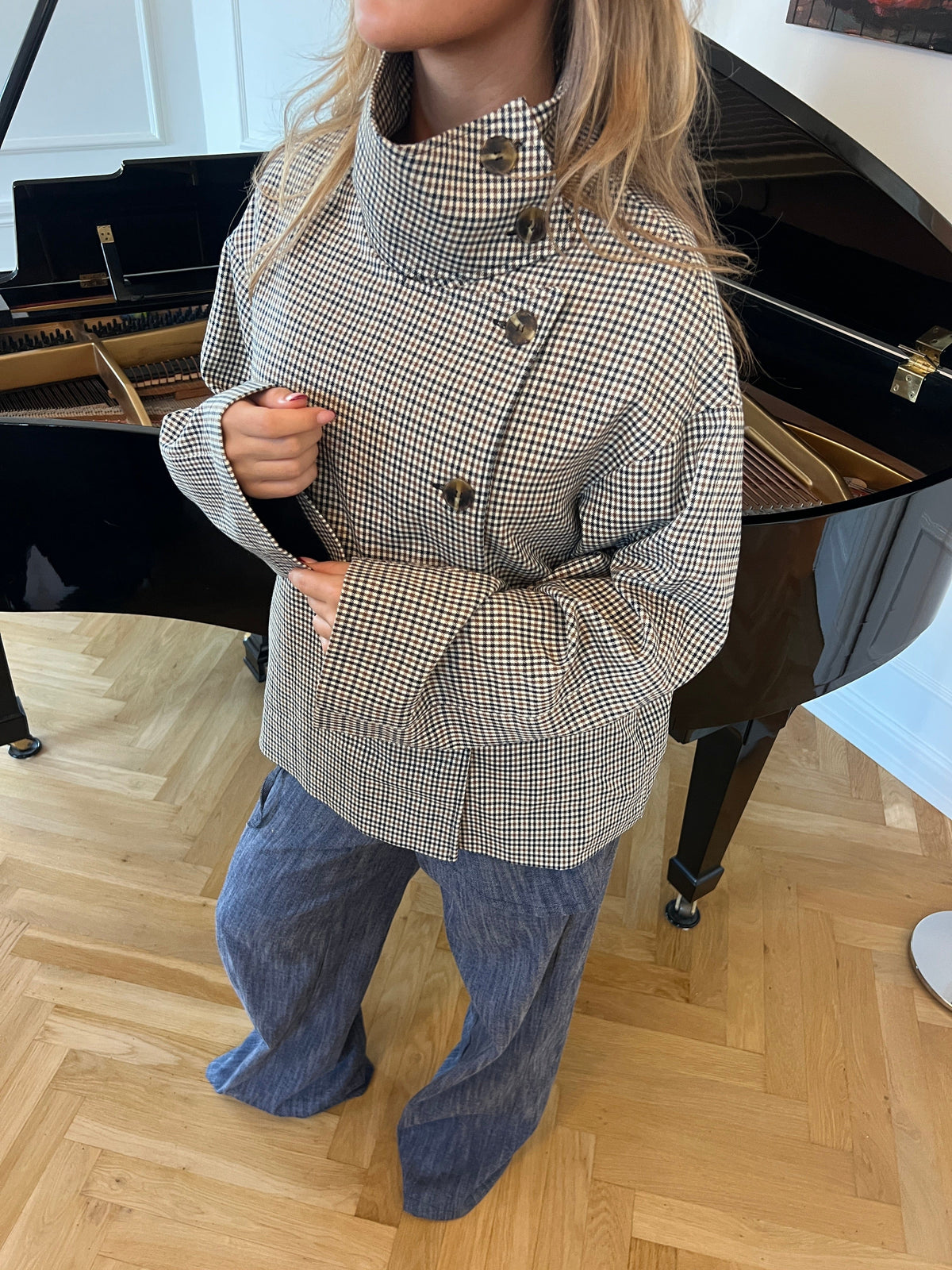 Women's Checked Funnel Neck Jacket, Button Front and Belt - Alessia