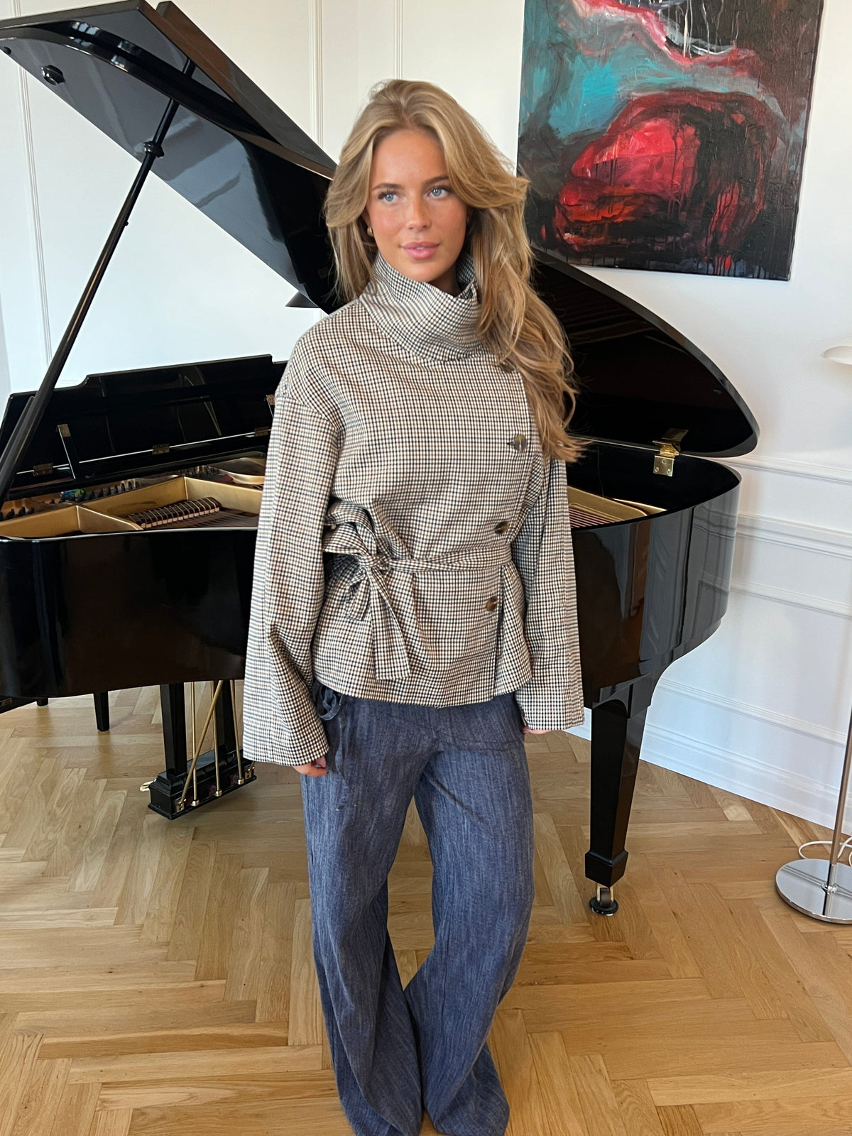 Women's Checked Funnel Neck Jacket, Button Front and Belt - Alessia
