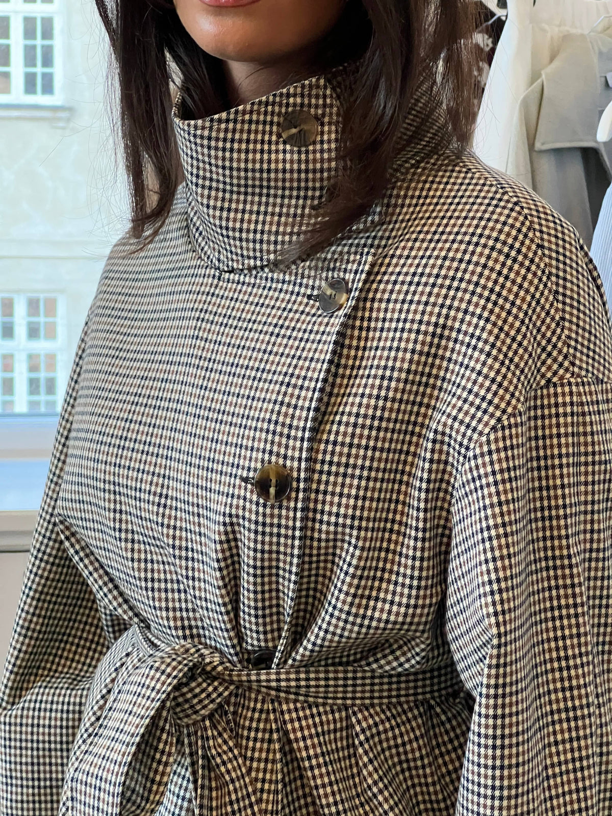 Women's Checked Funnel Neck Jacket, Button Front and Belt - Alessia