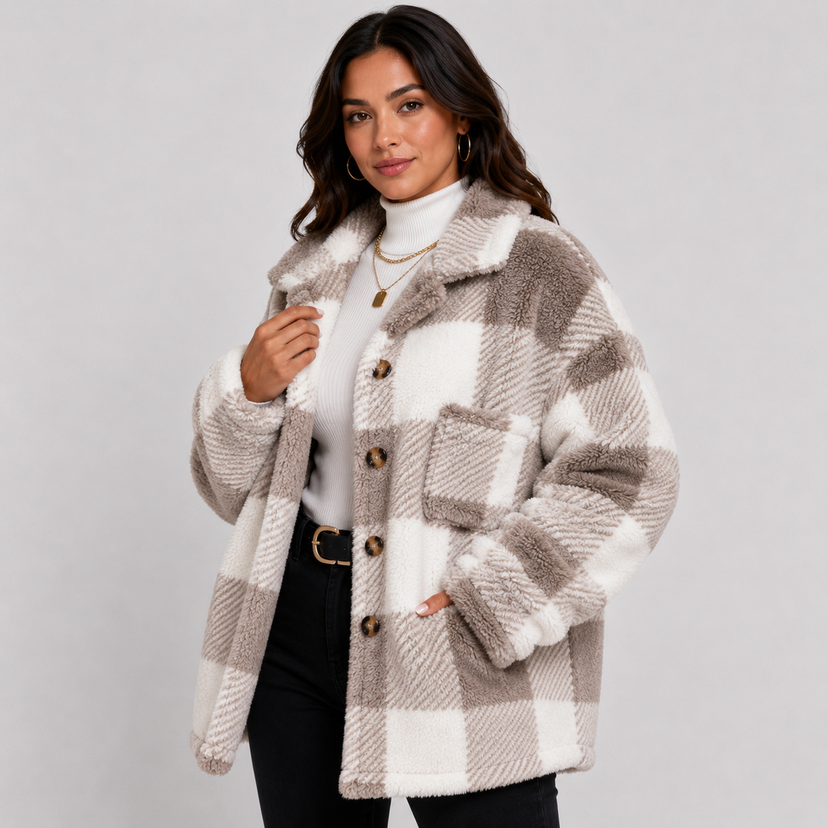 Women's Plaid Plush Jacket, Button Front - Montviro