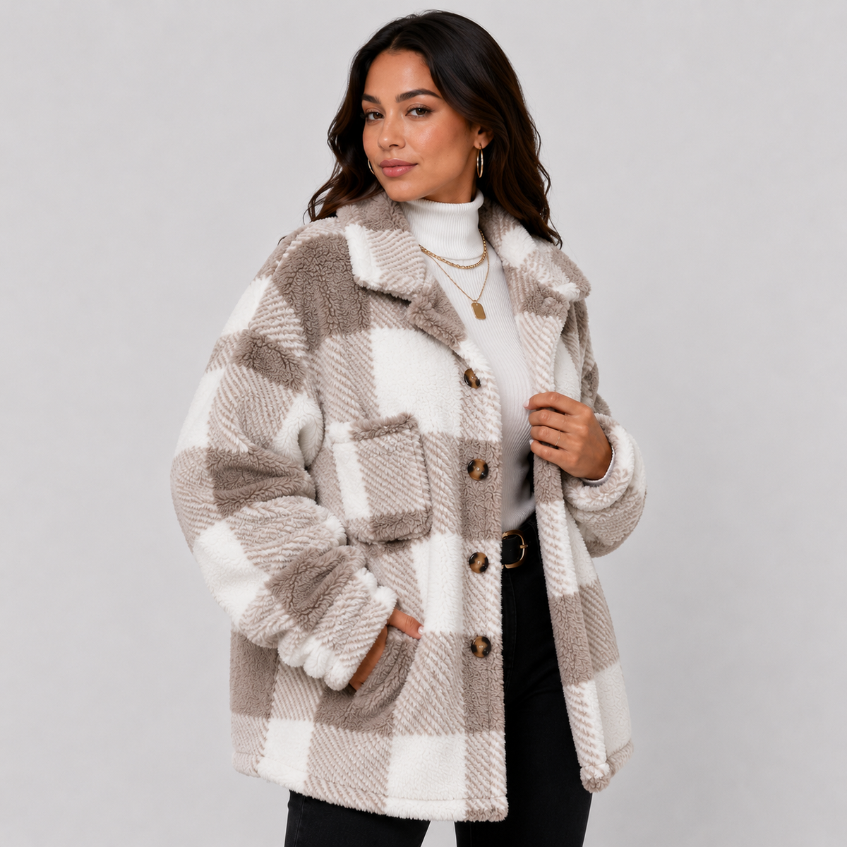 Women's Plaid Plush Jacket, Button Front - Montviro