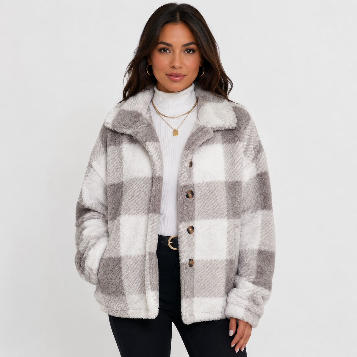 Women's Plaid Plush Jacket, Button Front - Montviro