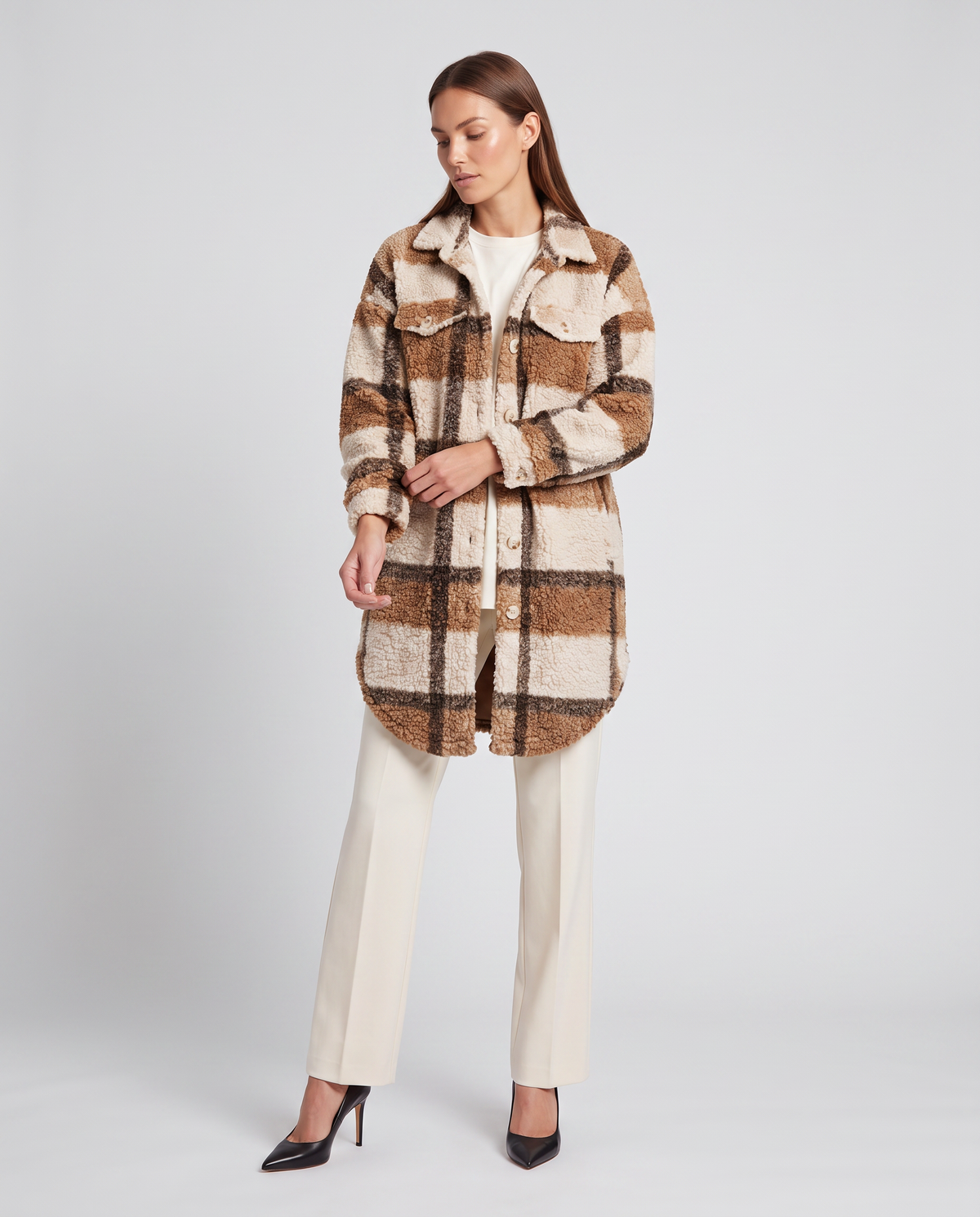 Women's Oversized Plaid Sherpa Shacket, Longline Fit - Amelia