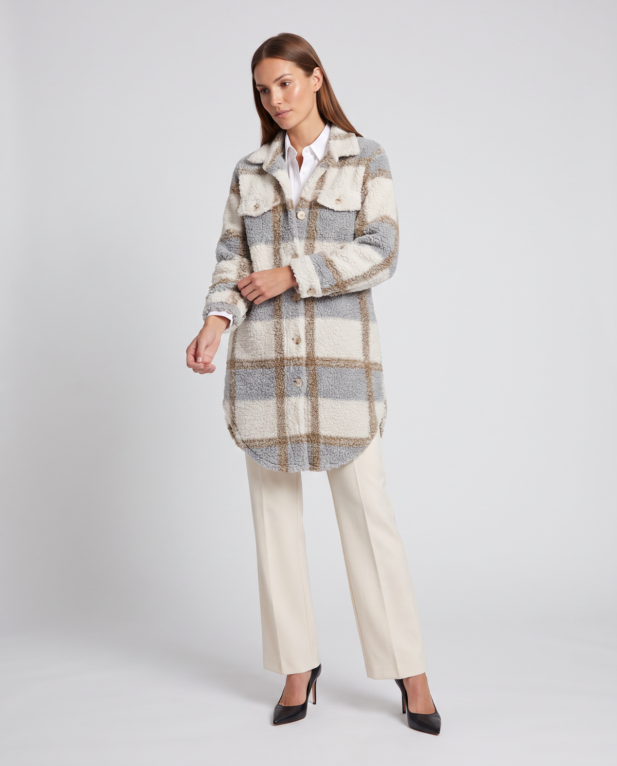 Women's Oversized Plaid Sherpa Shacket, Longline Fit - Amelia