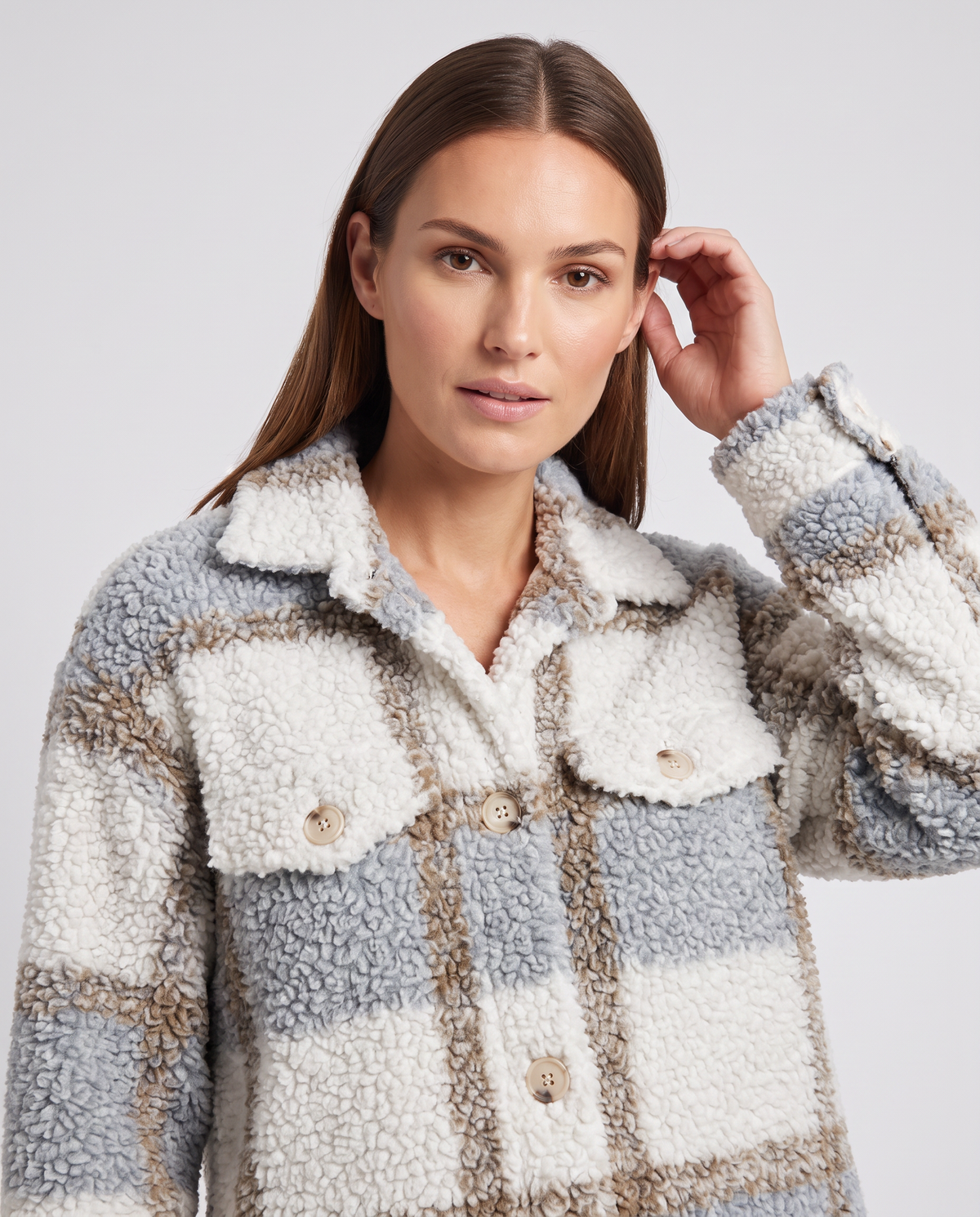 Women's Oversized Plaid Sherpa Shacket, Longline Fit - Amelia