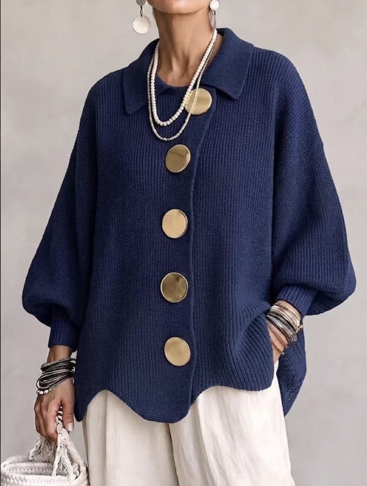 Navy oversized collared cardigan with large metal buttons