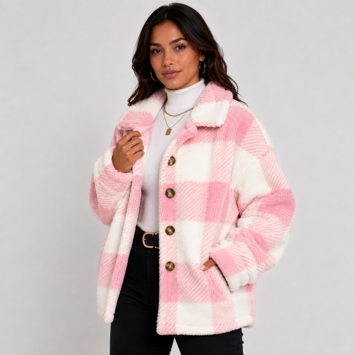 Women's Plaid Plush Jacket, Button Front - Montviro