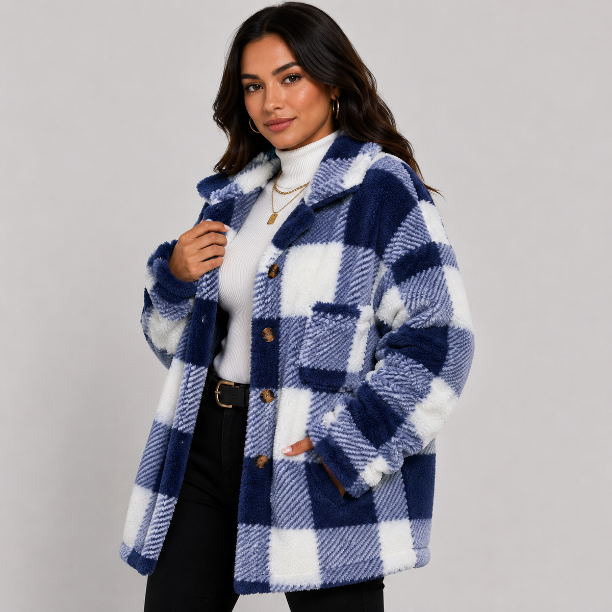 Women's Plaid Plush Jacket, Button Front - Montviro