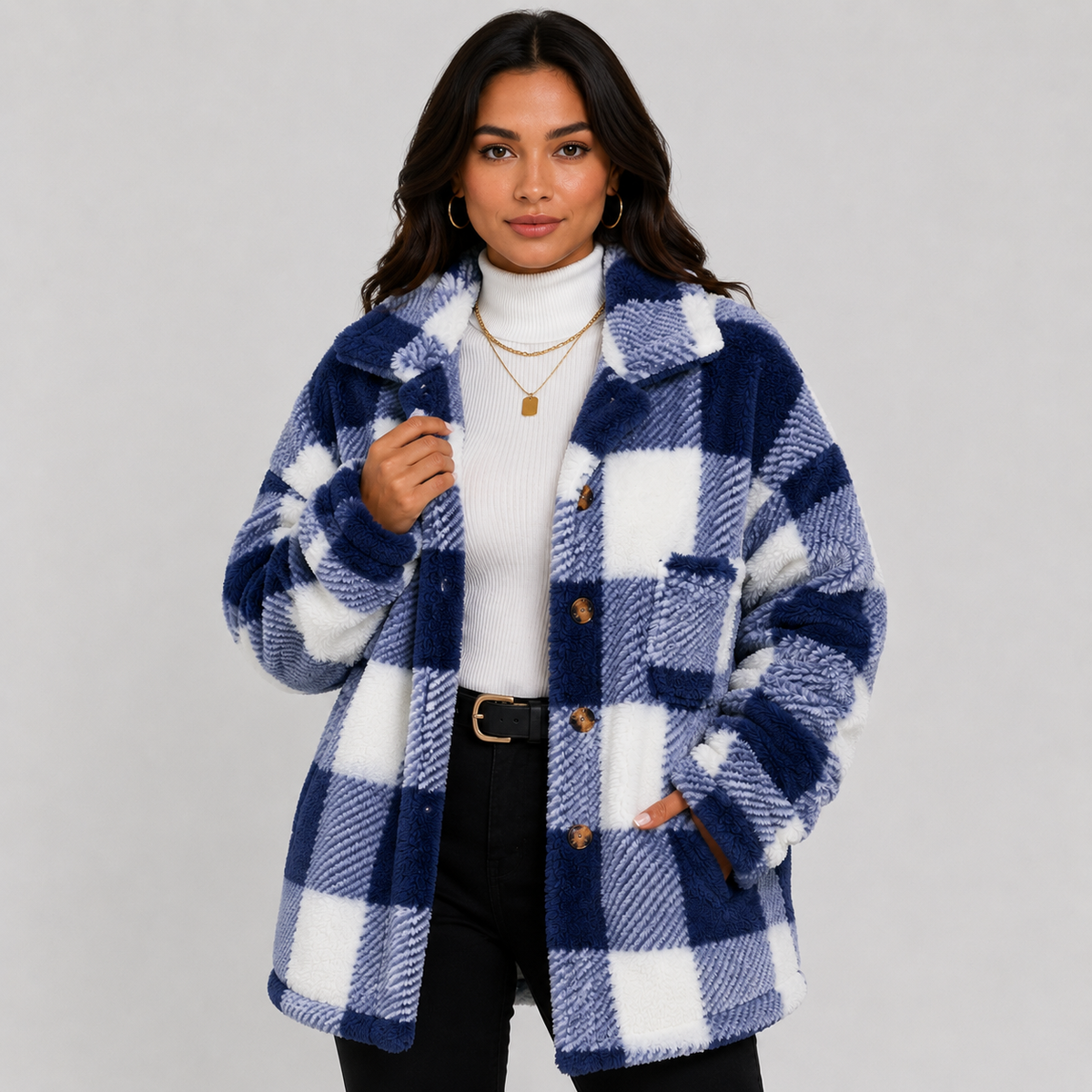 Women's Plaid Plush Jacket, Button Front - Montviro
