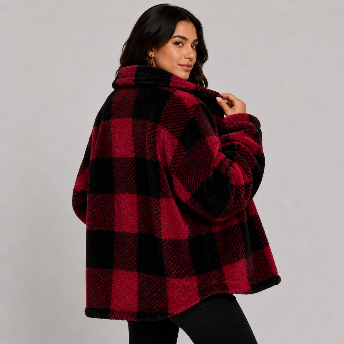 Women's Plaid Plush Jacket, Button Front - Montviro