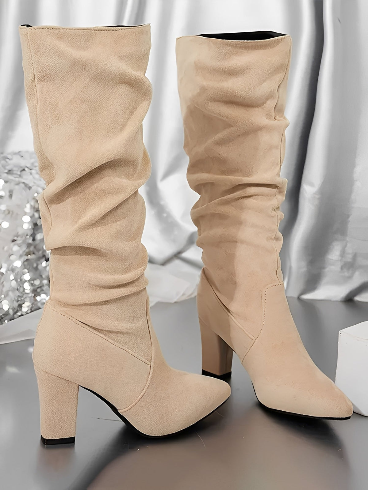 Women's Suede-Look Slouch Knee-High Boots, Pointed Toe Block Heel