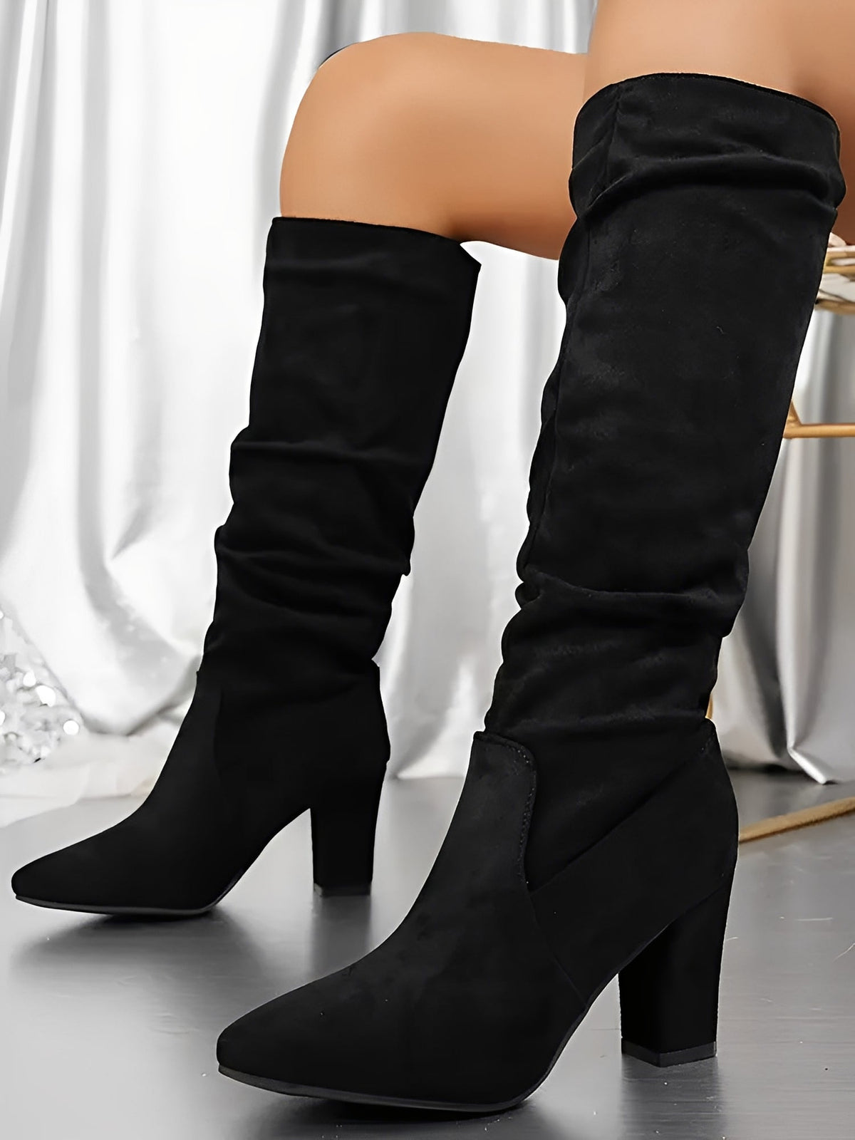 Women's Suede-Look Slouch Knee-High Boots, Pointed Toe Block Heel
