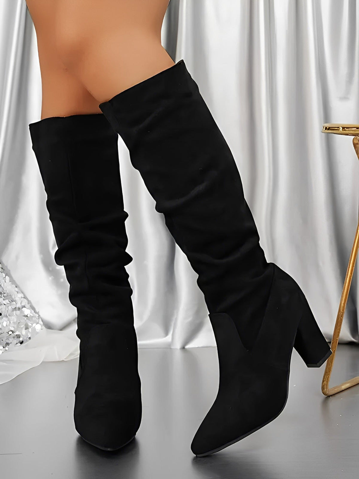 Women's Suede-Look Slouch Knee-High Boots, Pointed Toe Block Heel