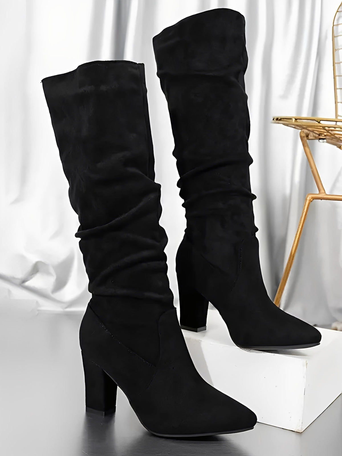 Women's Suede-Look Slouch Knee-High Boots, Pointed Toe Block Heel