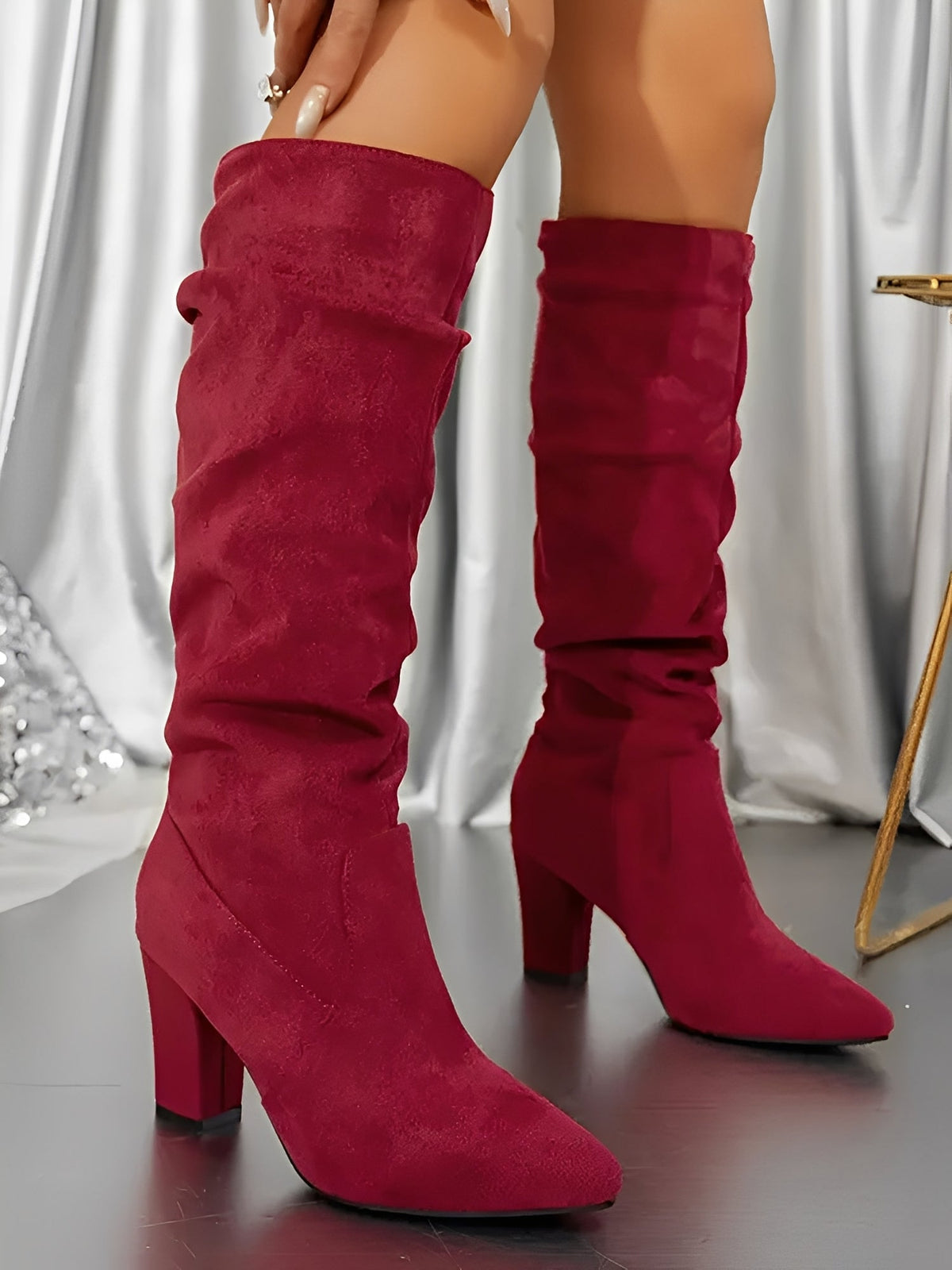 Women's Suede-Look Slouch Knee-High Boots, Pointed Toe Block Heel